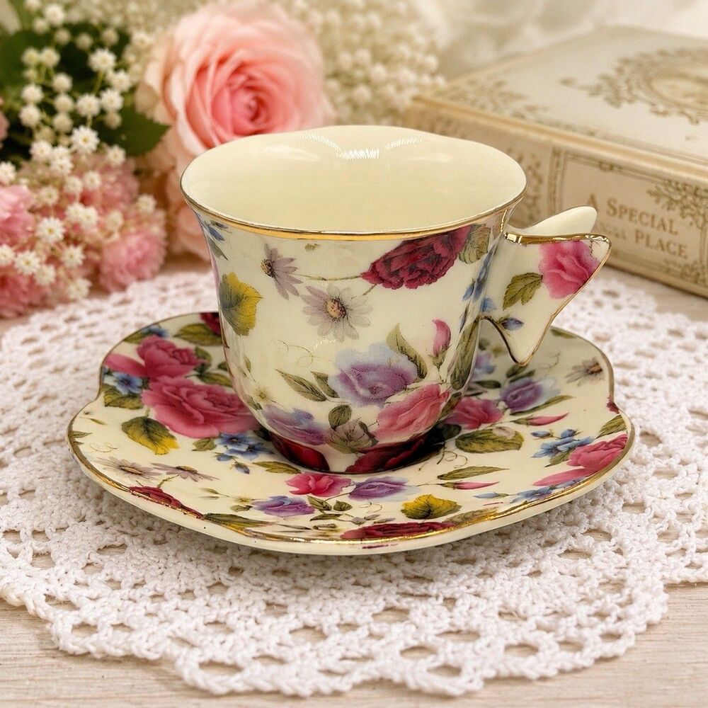 Vintage Demitasse Cup Saucer Butterfly Handle Rose Chintz Espresso Special Place